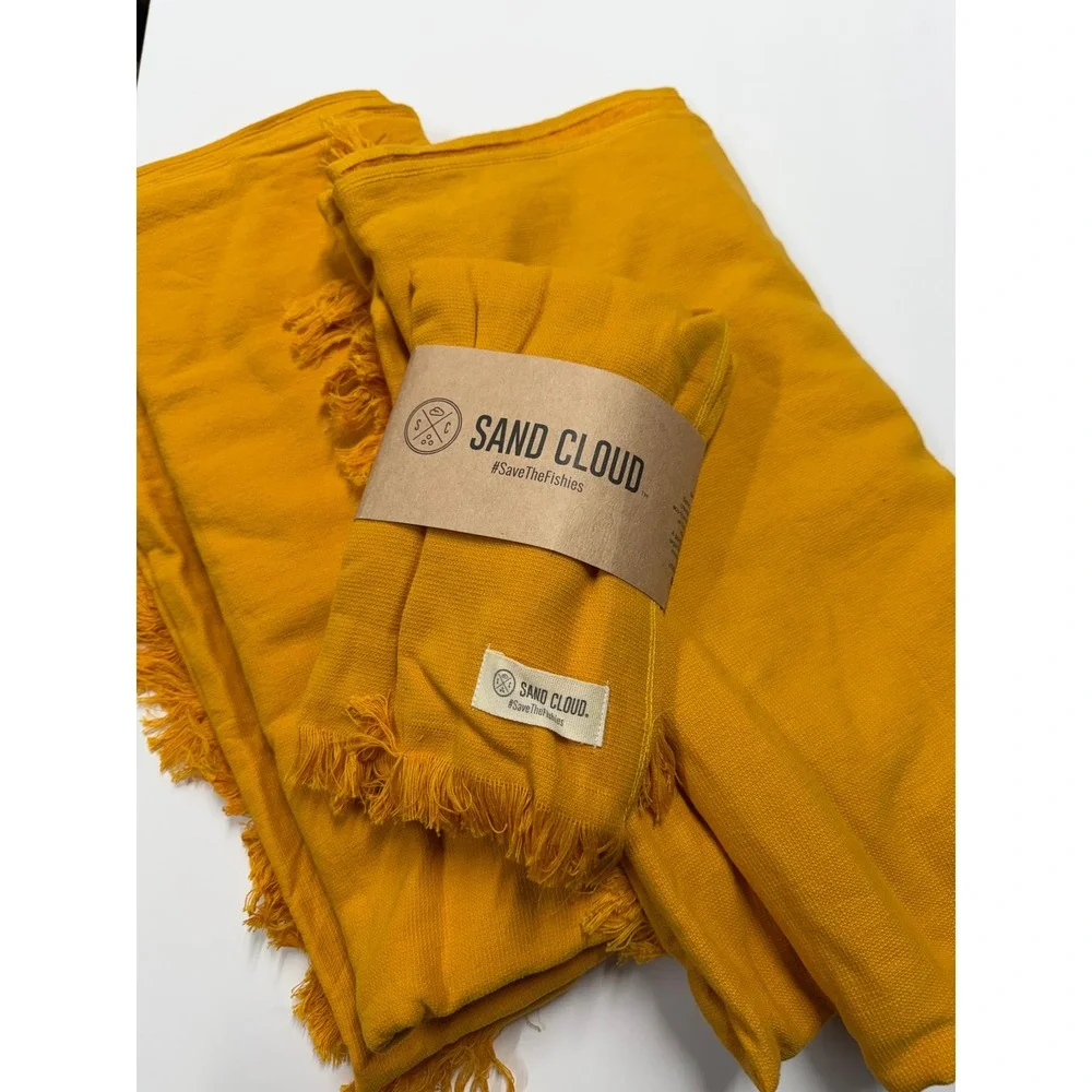 Two Sand Cloud Turkish Cotton Beach Towel Mustard Yellow Fringe Terry Backed New